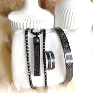 3in1 Combo ব্রেসলেট + চেইনসহ লকেট + আঙটি – Black